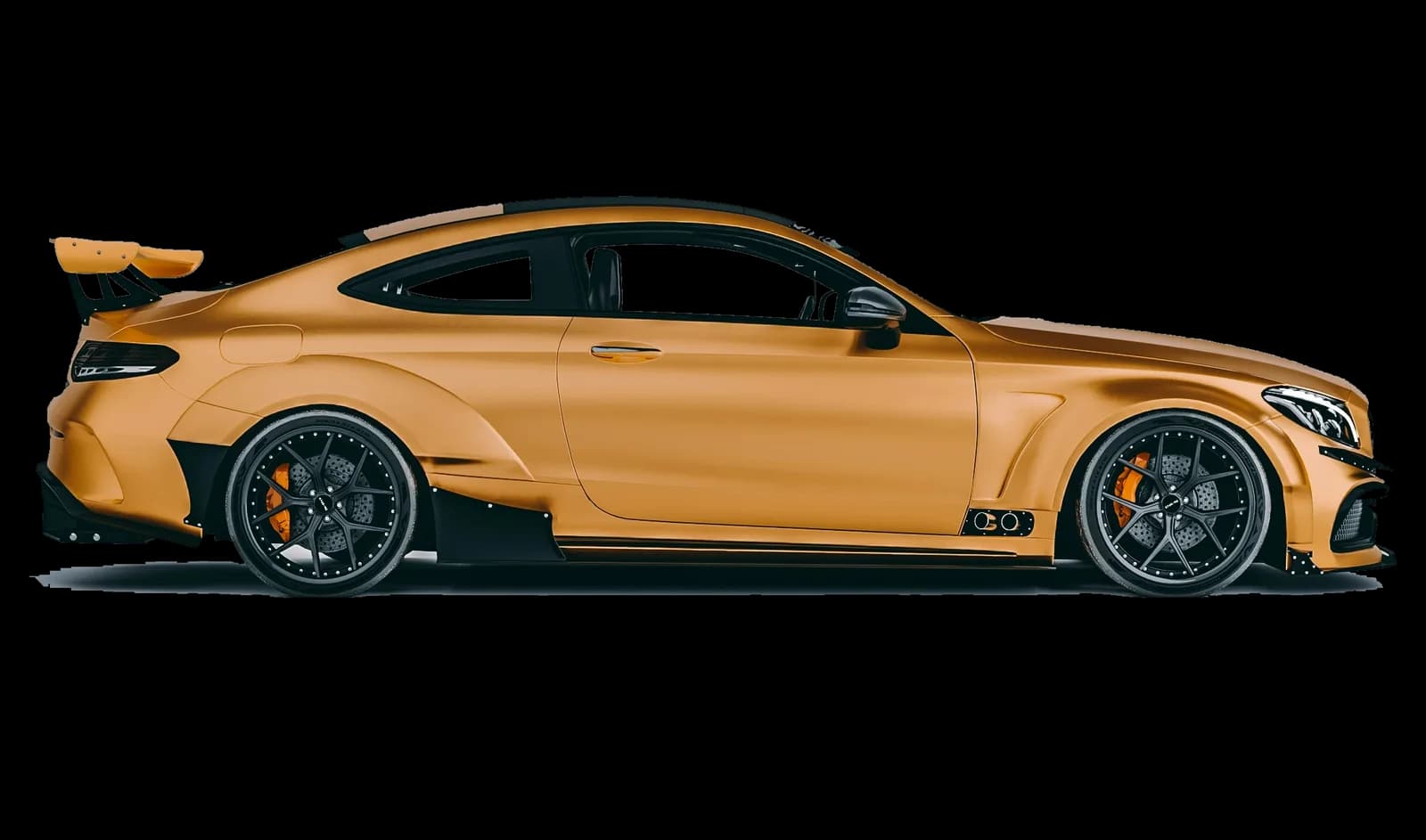 Orange widebody performance coupe, side view